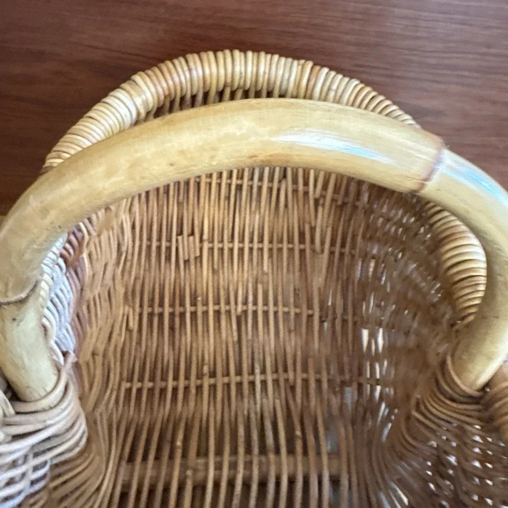 Vintage French Woven Gathering Basket 1960s Bamboo Handle Cottagecore 20